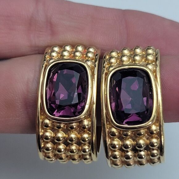 S.A.L VTG Swarovski Purple Crystal Chunky Gold Hoop Earrings - Picture 2 of 8